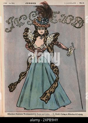 Copertina rivista tedesca vintage, Jugend, giovane donna ben vestita, Art Nouveau, Jugendstil , Germania, anni '1890 XIX secolo Foto Stock