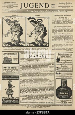 Cartone animato, bandiera prussiana, pagina di vecchie pubblicità di giornali tedeschi, anni '1890, XIX secolo, Jugend Foto Stock