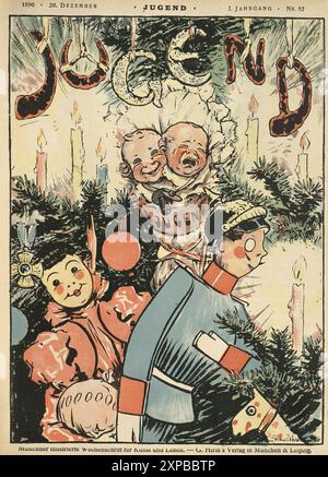 Copertina natalizia di Jugend, giocattoli, decorazioni per alberi di Natale, baby, illustrazione d'epoca, Art Nouveau, Jugendstil , tedesco, anni '1890, XIX secolo Foto Stock