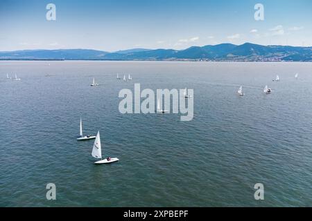 9 giugno 2024, Golubac, Serbia: Veduta aerea di una regata estiva sul Danubio in Serbia, con barche a vela che corrono sotto un cielo azzurro Foto Stock