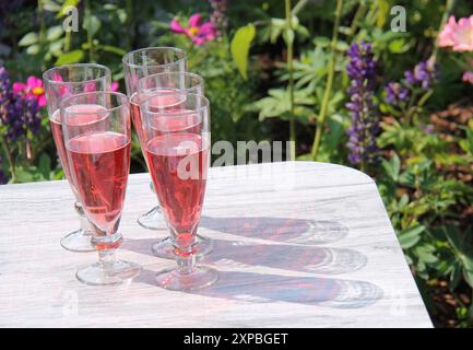 Cinque bicchieri di vino frizzante rosa su un tavolo da giardino. Foto Stock