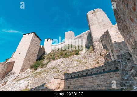 La fortezza di Golubac in Serbia si erge come una roccaforte storica che si affaccia sul fiume Danubio, con le sue mura e torri medievali in pietra che offrono un panorama Foto Stock