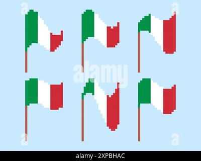 L'icona della bandiera Pixel Italia è impostata su sfondo bianco. Sventolando bandiera italiana in stile grafico retrò a 8 bit degli anni '80 Design in stile pixel art per Illustrazione Vettoriale