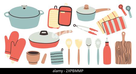 Set di utensili da cucina carini. Utensili da cucina vettoriali, utensili e attrezzature, utensili da cucina per cartoni animati. Set da cucina isolato. Illustrazione Vettoriale