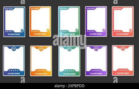 Modello di carte sportive di gioco. Una serie di cornici per giocatori di calcio, basket e hockey. Illustrazione Vettoriale