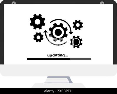 Caricamento del processo nello schermo del computer. Aggiornamento del software di sistema, aggiornamento dei dati o sincronizzazione con la barra di avanzamento. Illustrazione Vettoriale