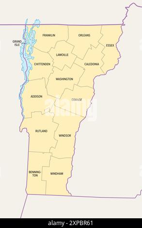 Vermont, stato degli Stati Uniti, suddiviso in 14 contee, mappa politica con confini e nomi di contea. Stato nella regione del New England dell'uni nord-orientale Foto Stock