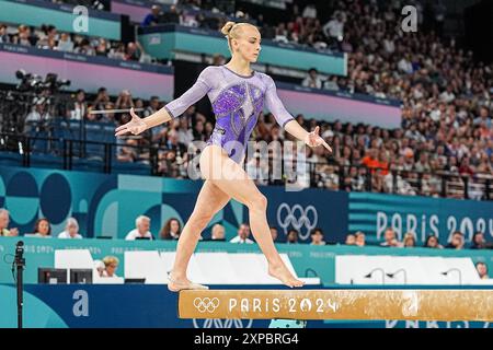 Parigi, Francia. 5 agosto 2024. PARIGI, FRANCIA - 5 AGOSTO: L'Italia Alica Damato gareggia nella Women's Balance Beam - finale durante il giorno 10 della ginnastica - Giochi Olimpici Parigi 2024 alla Bercy Arena il 5 agosto 2024 a Parigi, Francia. (Foto di Andre Weening/Orange Pictures) credito: Orange Pics BV/Alamy Live News Foto Stock