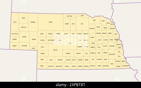 Nebraska, stato degli Stati Uniti, suddiviso in 93 contee, mappa politica con confini e nomi di contea. Stato senza sbocco sul mare nella regione Midwest degli Stati Uniti. Foto Stock