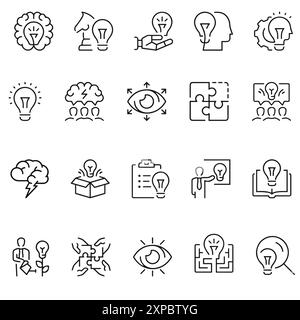 Icone linea idea. Set di icone della linea idea creativa. Brainstorming, lampadina, cervello, soluzione Illustrazione Vettoriale