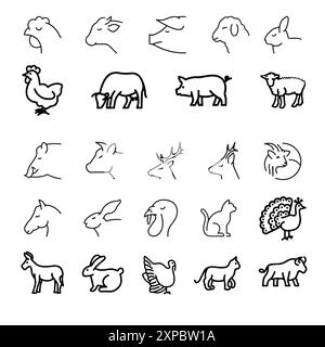 Animali da fattoria e da caccia, set di icone a linea sottile. Raccolta di simboli su sfondo trasparente. Set raccolta Flaticon. Illustrazione Vettoriale