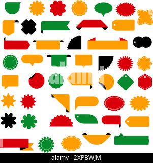 Set di adesivi Starburst, cartellino prezzi, etichette per la spesa. Include emblemi vuoti di colore rétro Starburst. Illustrazione Vettoriale