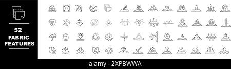 Funzioni di tessuto, set di icone di linea sottile. Simboli delle funzioni e delle proprietà dei tessuti, traccia modificabile. Illustrazione vettoriale Illustrazione Vettoriale