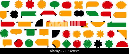 Set di adesivi Starburst, cartellino prezzi, etichette per la spesa. Include emblemi vuoti di colore rétro Starburst. Illustrazione Vettoriale