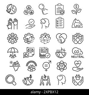 Raccolta icone linea natura ambiente. Concetto ESG, zero netto in ambiente, sociale e governance. Illustrazione Vettoriale