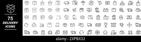 Scatole di consegna e confezione, set di icone con linea sottile. Raccolta di simboli su sfondo trasparente. Set di icone del servizio di consegna. Illustrazione Vettoriale