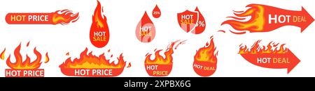 Badge per le vendite a caldo. Striscione di vendita fiammeggiante, etichetta con prezzo scontato e cartellino promozionale con cornice tagliafuoco. Illustrazione Vettoriale