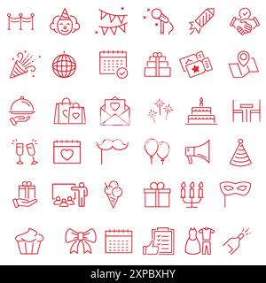 Icone Web per la pianificazione degli eventi in linea. Cibo e bevande, fiori, biglietti sportivi, tenda da picnic. Illustrazione Vettoriale