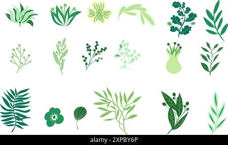 Una serie di vibranti elementi floreali in colori piatti, con un assortimento di fiori selvatici primaverili ed estivi e piante Illustrazione Vettoriale