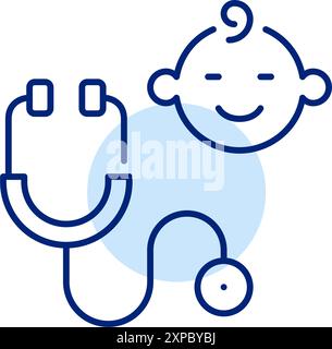 Stetoscopio e bambino. Servizi sanitari pediatrici. Assistenza medica ai bambini e ai giovani. Benessere e check-up dei neonati. Pixel Perfect, traccia modificabile Illustrazione Vettoriale