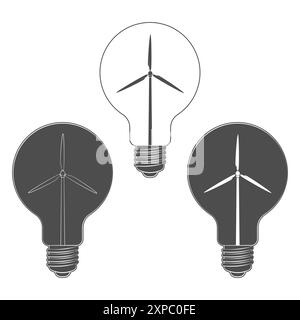 Set di illustrazioni in bianco e nero lampadina con turbina eolica, mulino a vento. Oggetti vettoriali isolati su sfondo bianco. Illustrazione Vettoriale