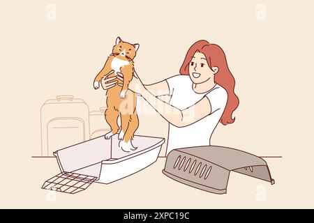 Gabbia per animali per viaggiare con il gatto, vicino a una donna che prepara l'animale per il viaggio all'aeroporto. La gabbia di plastica smontata giace sul tavolo del felice proprietario di un gattino carino che ama i lunghi viaggi. Illustrazione Vettoriale