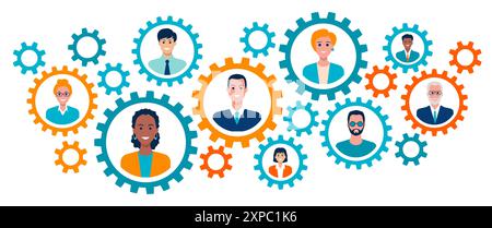 Illustrazione del concetto di team building. Gestione della produzione. I responsabili aziendali e gli ingegneri collaborano. Illustrazione Vettoriale