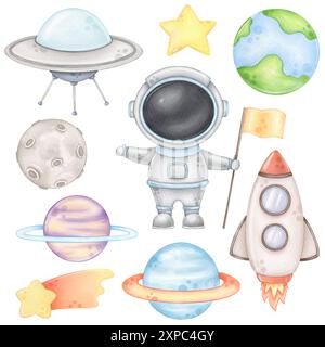 Graziose clip art spaziali ad acquerello Foto Stock