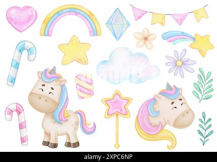 set di unicorni arcobaleno ad acquerello ed elementi magici su sfondo bianco Foto Stock