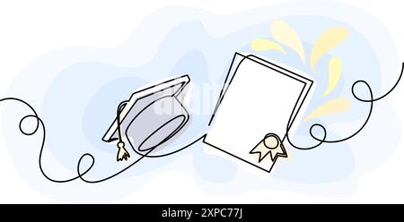 Cappuccio graduato e certificato. Concetto educativo. Una linea continua Illustrazione Vettoriale