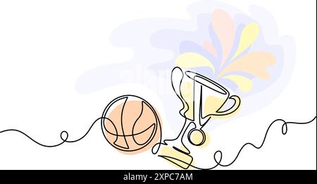 Coppa dei trofei con medaglia e pallone da basket. Disegno continuo su una linea Illustrazione Vettoriale