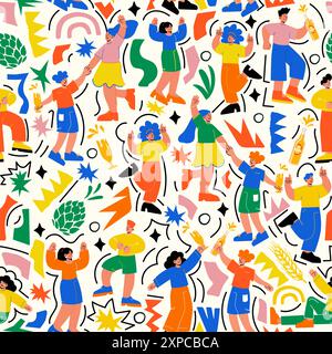 Motivo senza cuciture per le feste. Design luminoso e moderno con gente che danza in stile doodle. Perfetto per avvolgere, sfondi, sfondi, musica, estate Illustrazione Vettoriale