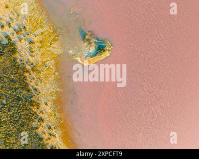 Lago salato rosa, Las Salinas de Torrevieja è un lago di colore rosso o rosa. Ciò è spesso causato dalla presenza di alghe tolleranti al sale che producono carotenoidi, come Dunaliella salina, di solito in combinazione con batteri specifici e archea, che possono variare da lago a lago. L'archaeone più comune è l'Halobacterium salinarum. Foto Stock