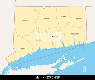 Connecticut, stato degli Stati Uniti, suddiviso in 8 contee, mappa politica con confini e nomi di contea. Stato nella regione del New England nel nord-est degli Stati Uniti. Foto Stock