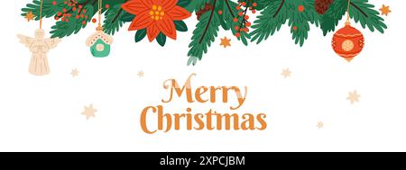 Bordo rami di abete cartoni animati. Decorazioni per alberi di Natale. Palla giocattolo in vetro e angelo. Accessori per l'anno nuovo. Piante sempreverdi invernali. Fiori di Poinsettia Illustrazione Vettoriale