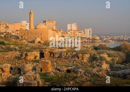 Il sito archeologico di scavo e la moschea islamica a Tiro (Sour) nel sud del Libano, con vista sulla città durante il tramonto. Foto Stock