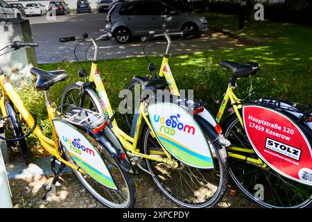 Usedom, Germania, 26 luglio 2024: Noleggio di biciclette Usedom in attesa in una stazione per i turisti per fare un tour in bicicletta Foto Stock