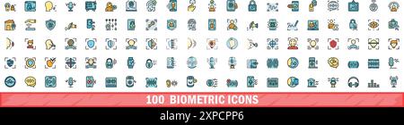 100 icone biometriche impostate. Set di linee di colore delle icone biometriche dei vettori di colore linea sottile piatta su bianco Illustrazione Vettoriale