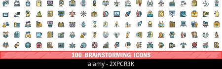 set di 100 icone di brainstorming. Set di linee di colore di icone vettoriali di brainstorming linee sottili di colore piatto su bianco Illustrazione Vettoriale