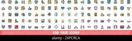 set di 100 icone della fiera. Linea di colore Set di icone vettoriali discrete linea sottile colore piatto su bianco Illustrazione Vettoriale