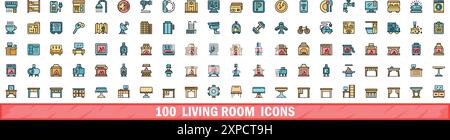 set di 100 icone del salotto. Linea di colori con icone vettoriali per il soggiorno linea sottile di colore piatto su bianco Illustrazione Vettoriale