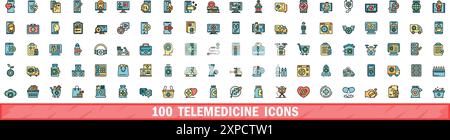 100 set di icone di telemedicina. Set di linee colorate di icone vettoriali di telemedicina linee sottili di colore piatto su bianco Illustrazione Vettoriale