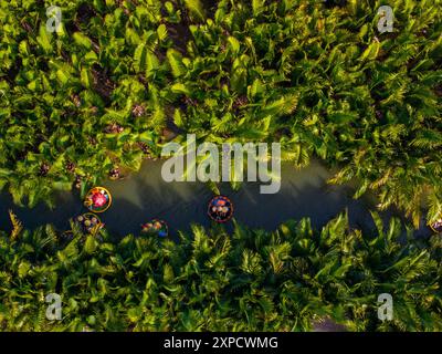 Vista aerea di un tour in barca con cesto di noci di cocco. Foresta di palme a Hoi An antica città, Cam Thanh, Vietnam. I turisti che fanno un'escursione e si divertono in questa zona Foto Stock