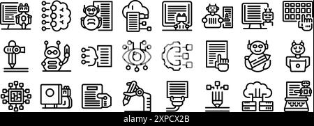 Set icone robot-writer. Set di icone che rappresentano l'intelligenza artificiale che crea e gestisce contenuti digitali utilizzando algoritmi di apprendimento automatico Illustrazione Vettoriale