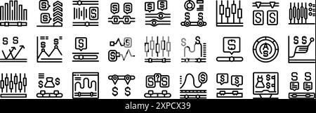 Set di icone della fascia di prezzo. Set di icone delle linee vettoriali che rappresentano vari aspetti del trading, dell'analisi del mercato azionario e della pianificazione finanziaria Illustrazione Vettoriale