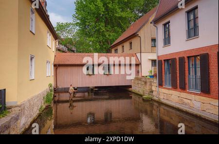 Erfurt, Germania - 21 maggio 2023: Antiche case sulle rive del fiume Gera nel centro della città, patrimonio storico. Foto Stock