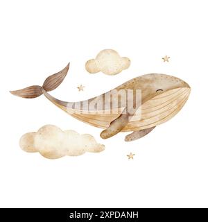 Balena beige nel cielo con nuvole e stelle. Illustrazione monocromatica in acquerello in stile vintage per schede di design, poster per arredamento nursery Foto Stock