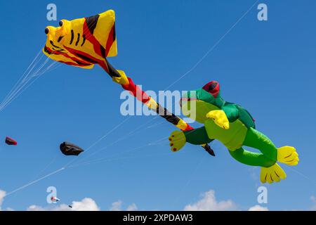 Aquiloni che volano nel cielo al 31° Portsmouth International Kite Festival a Southsea Common, Portsmouth, Hampshire UK a luglio Foto Stock