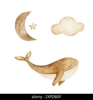 Balena, luna, nuvola, stella nei colori beige. Set di illustrazioni monocromatiche ad acquerello per la progettazione di biglietti, poster, arredi per la stanza dei bambini Foto Stock