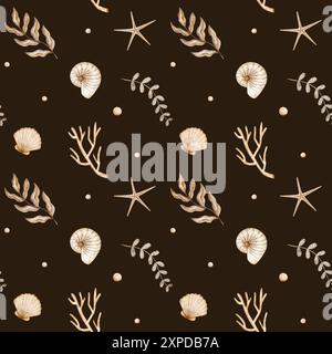 Motivo senza cuciture con conchiglie di stelle marine coralli illustrazione acquerello per tessuti e abbigliamento Foto Stock